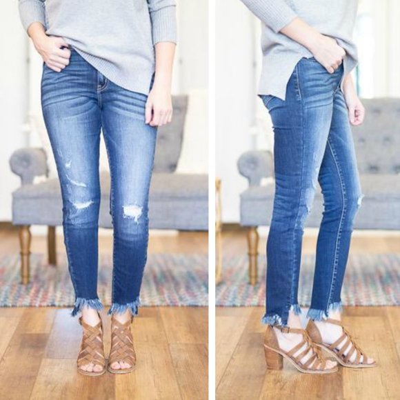 uneven frayed hem jeans